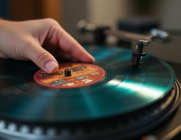 A hand holding a rare, colored vinyl record.